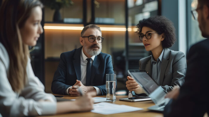 A group of lawyers collaborating in a law firm conference room,